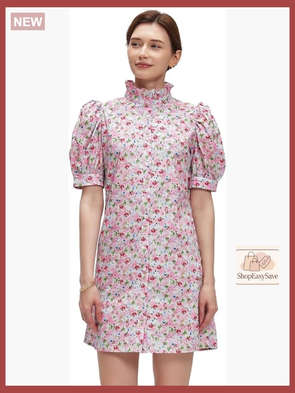 Floral Mini Dress Puff Sleeve Ruffle Neck Boho Shift Casual Summer Wear